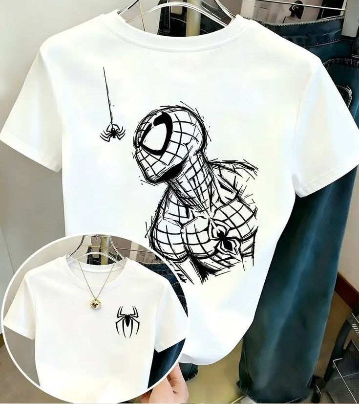 White short-sleeve graphic T-shirt hanging on a hanger, featuring a large black sketch-style spider-themed print on the front and a smaller black spider logo on the left chest. A circular inset shows a close-up of the chest print and a necklace worn with the shirt.